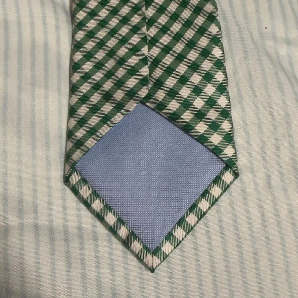 Tommy Hilfiger Men's Green and White Gingham Check 100% Silk Necktie #preppy